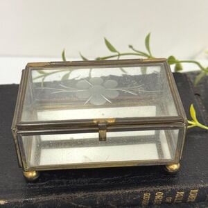 Vintage Brass and glass trinket box jewelry storage with etched flower